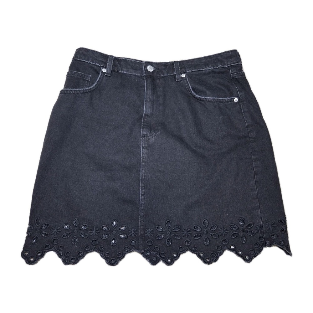 H&M Black Denim Skirt Womens US 10 Eyelet Embroidered Scalloped Hem Mini